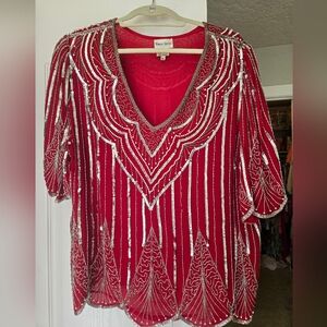 Vintage Neiman Marcus Red V-Neck Beaded Sequin Evening Top XL